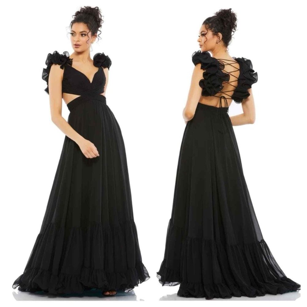 NEW Mac Duggal 67911 Ruffle Tiered Cut-Out Chiffon Gown‎ Black